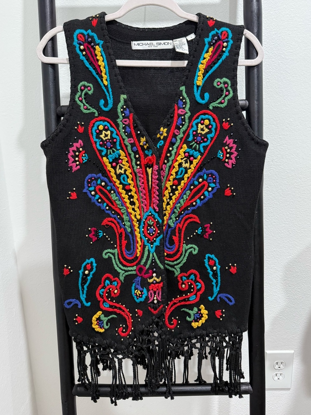 Vintage 1998 Michael Simon Embroidered Beaded Fringe Vest Size 1